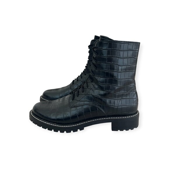 Reformation Amelia Croc-Embossed Black Leather Lace Up Combat Boots | Size 7.5 - Picture 3 of 12